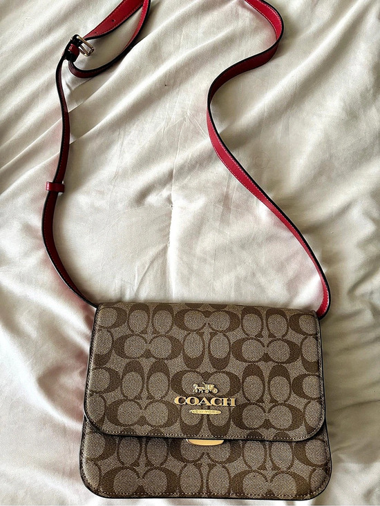 Coach Handbags - Coach Kip Turnlock Crossbody In Signature Canvas Brown & Red
